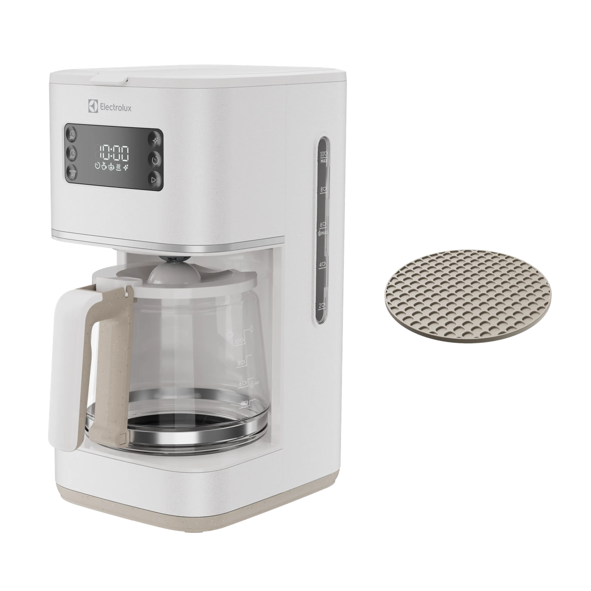 Una cafetera de goteo blanca Electrolux con jarra de vidrio y pantalla digital, junto a una almohadilla.