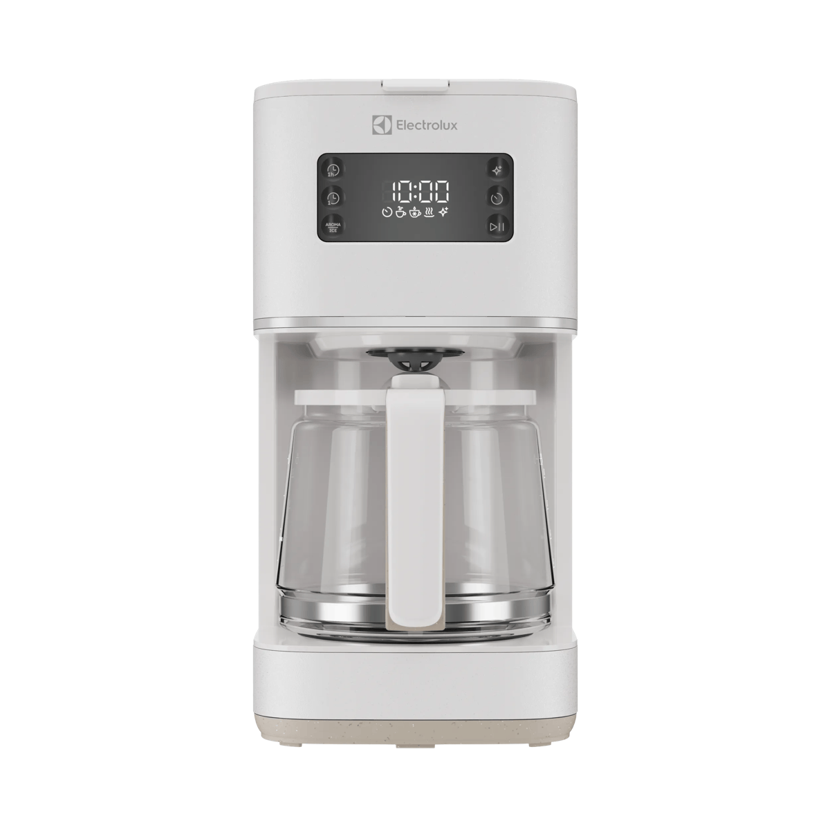 Una cafetera de goteo blanca Electrolux con pantalla digital y jarra de vidrio.