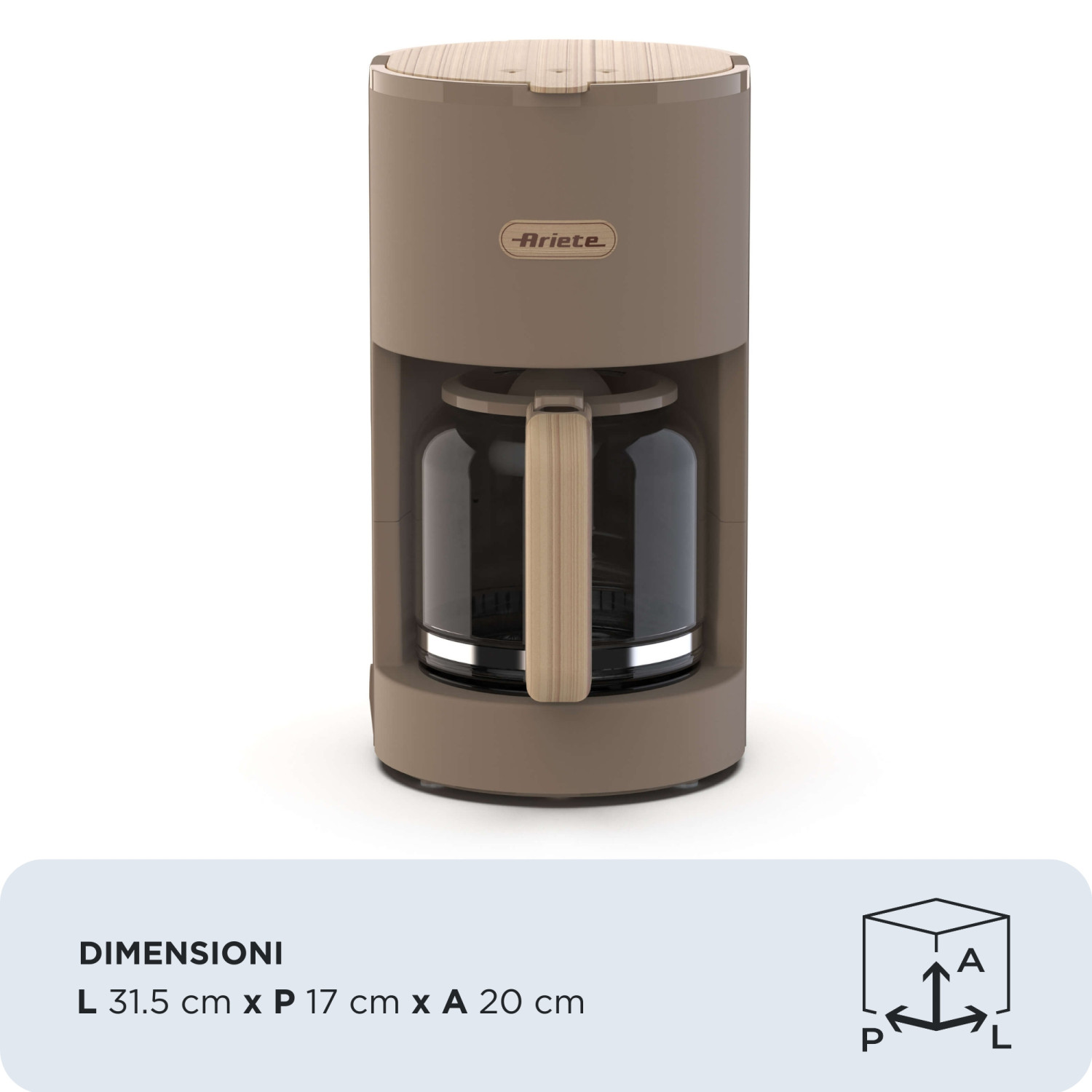 Una macchina da caffè americana beige con caraffa in vetro e dettagli in legno, con dimensioni in basso.