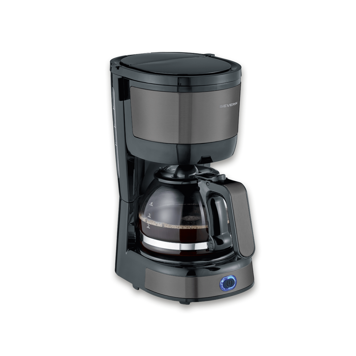 Caffettiera a filtro Severin nera con caraffa in vetro e pulsante di accensione blu.