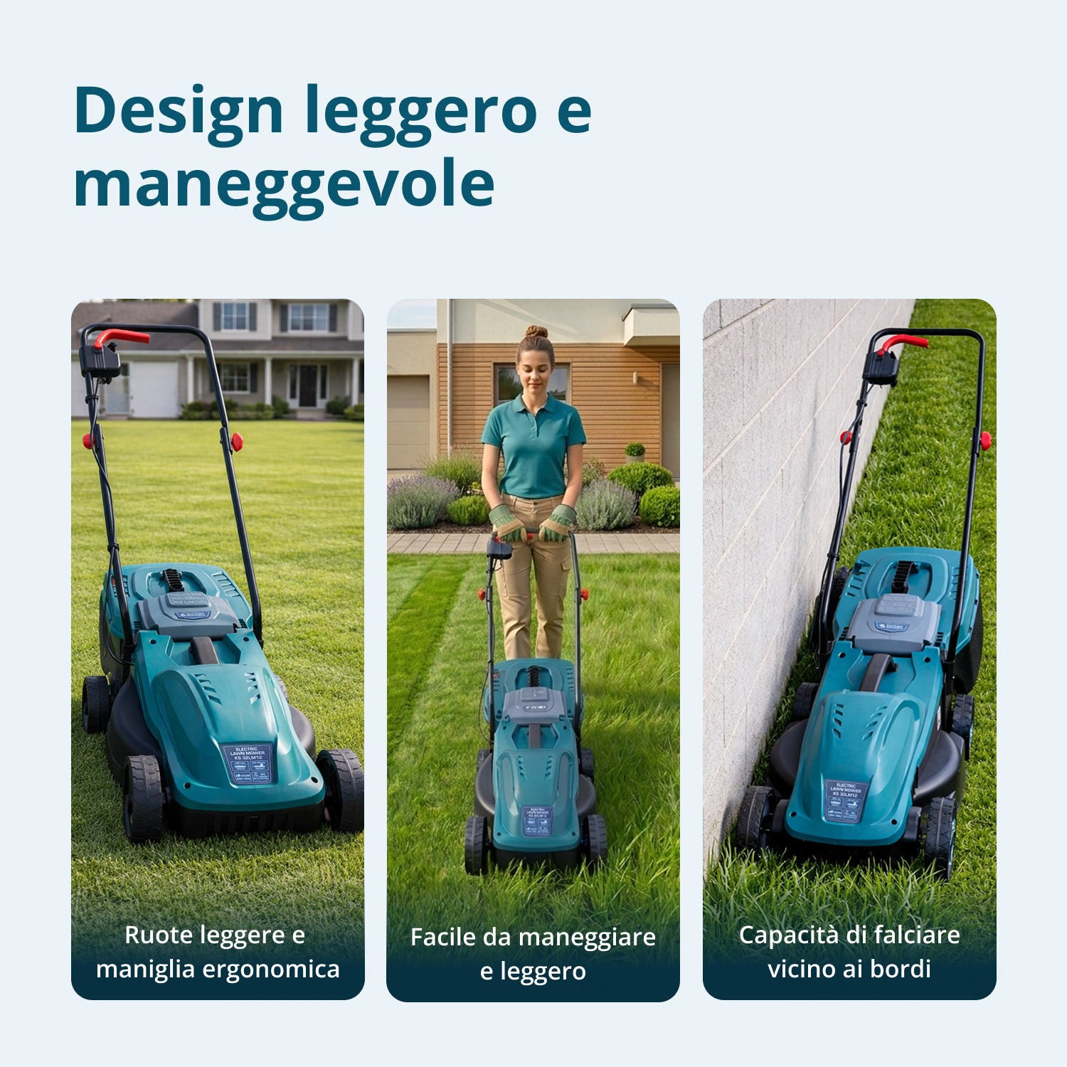 Trzy zdjęcia przedstawiają lekki, poręczny zielony kosiarkę w ogrodzie i przy ścianie.