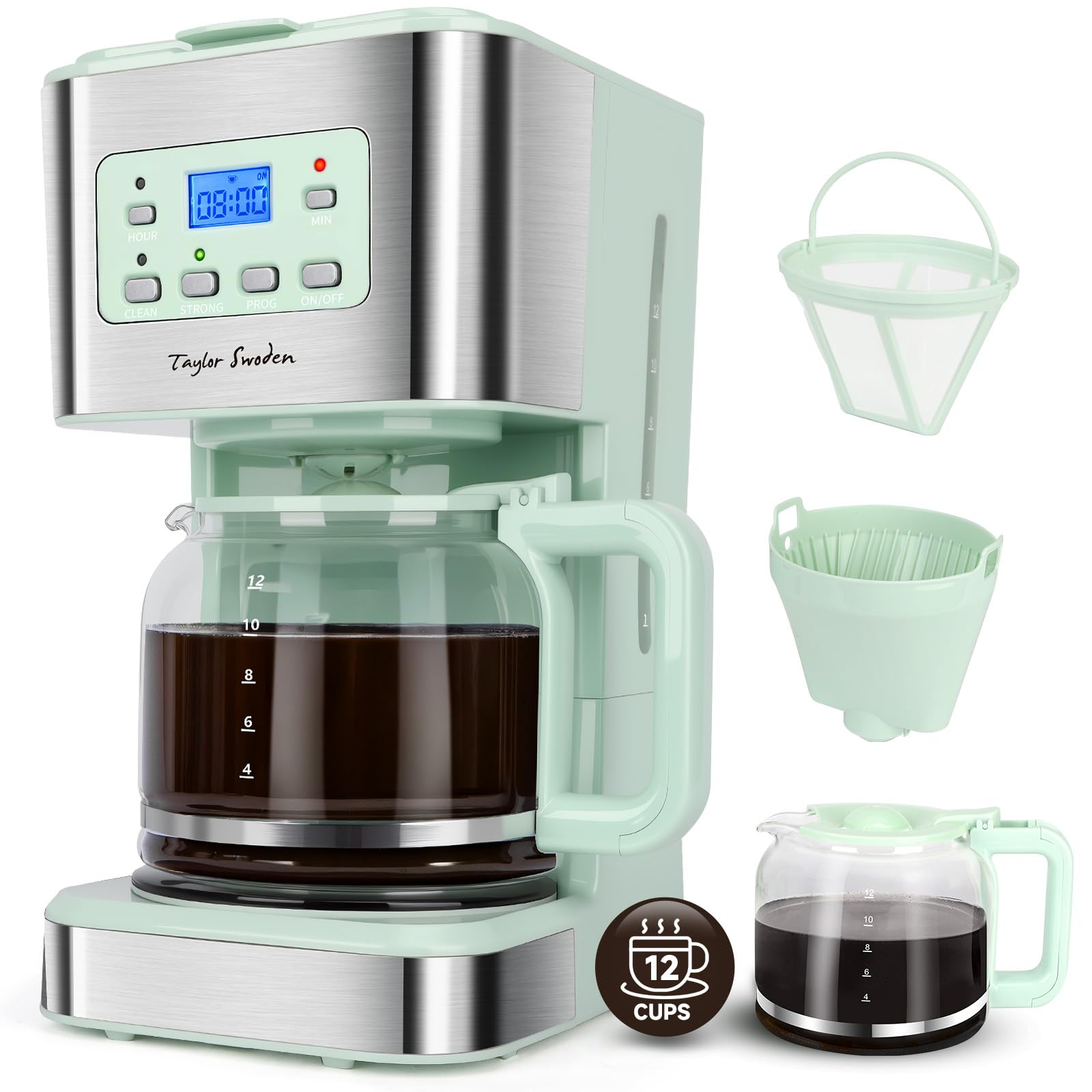 Caffettiera a filtro verde menta e argento con caraffa in vetro, display digitale e filtri separati su sfondo bianco.
