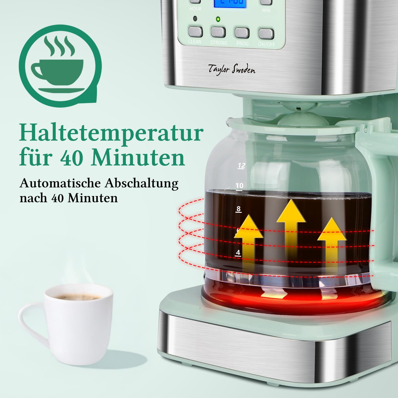 Una caffettiera verde chiaro con caraffa di vetro e tazza, accanto a testo tedesco sulla funzione di mantenimento in caldo.