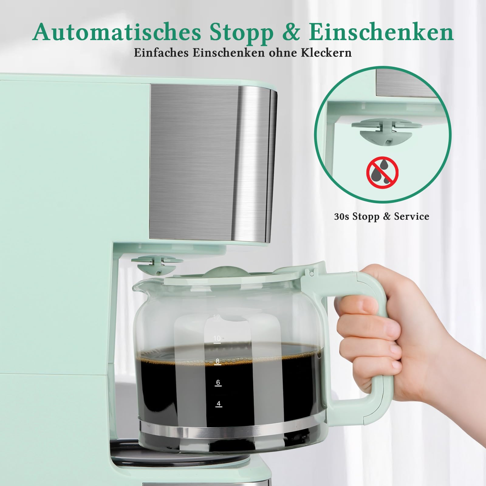 Caffettiera verde menta con caraffa in vetro e funzione antigoccia automatica.