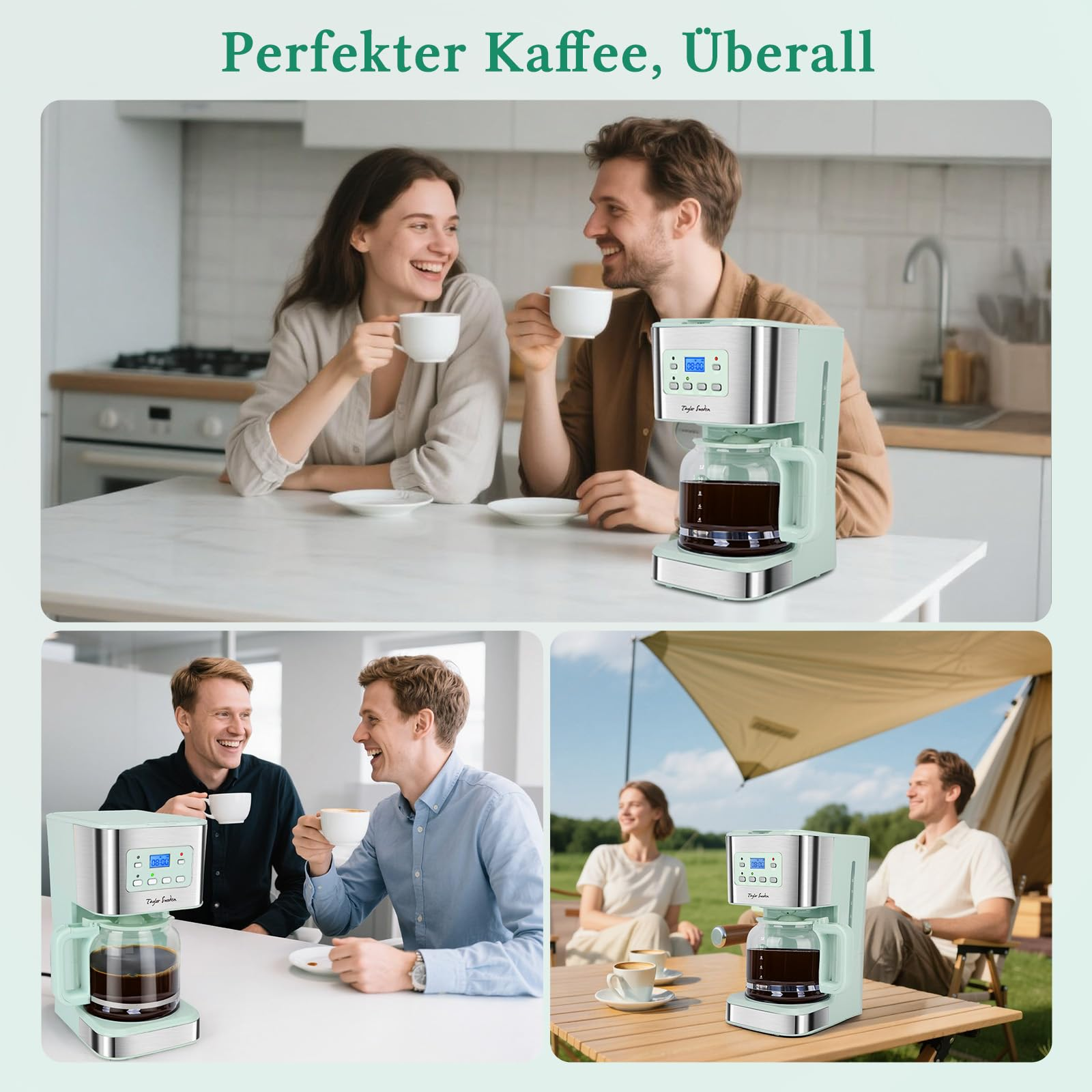 Una macchina da caffè verde con tazze e persone felici in vari ambienti.