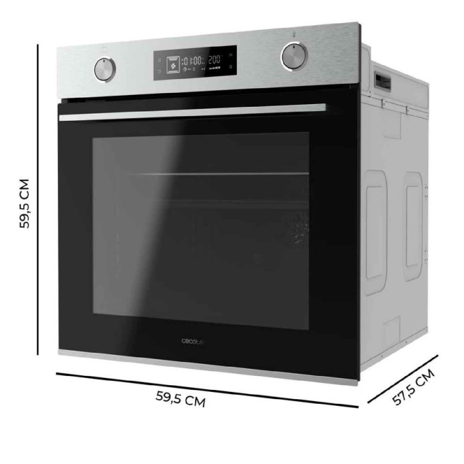 Horno empotrable plateado con puerta de cristal negro y medidas.