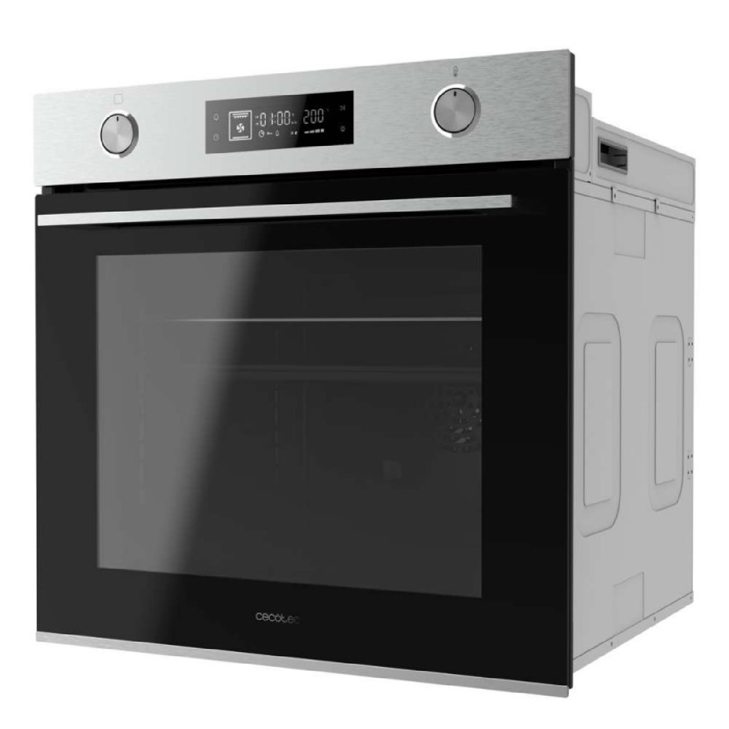 Un horno empotrable de acero inoxidable con puerta de vidrio negro, pantalla digital y dos mandos.