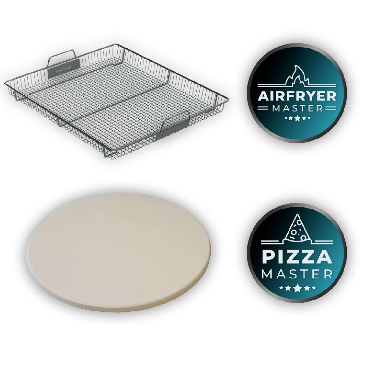 Una cesta de metal rectangular y una piedra de pizza redonda con emblemas Airfryer Master y Pizza Master.