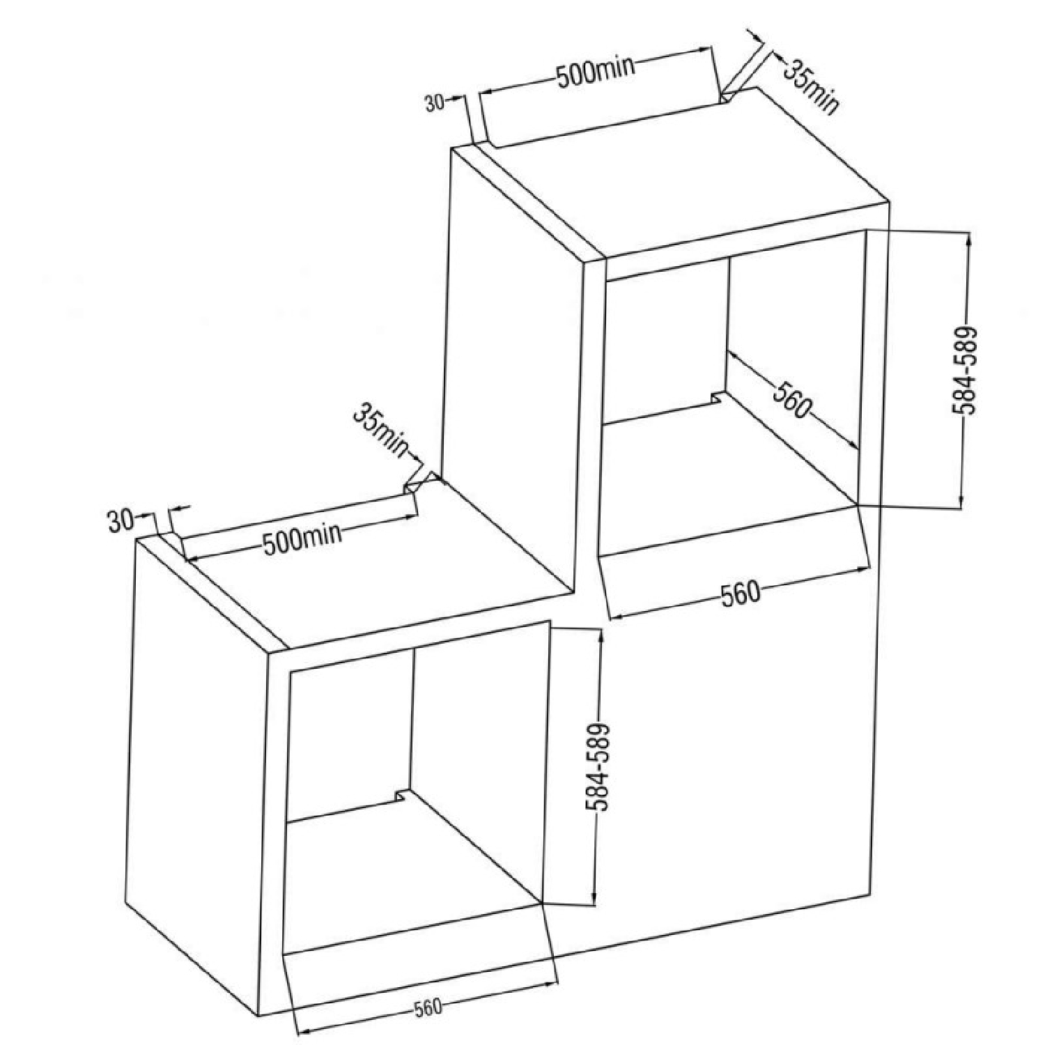 Dibujo técnico de una estructura de armario de dos niveles con marcas de dimensiones en milímetros sobre fondo blanco.