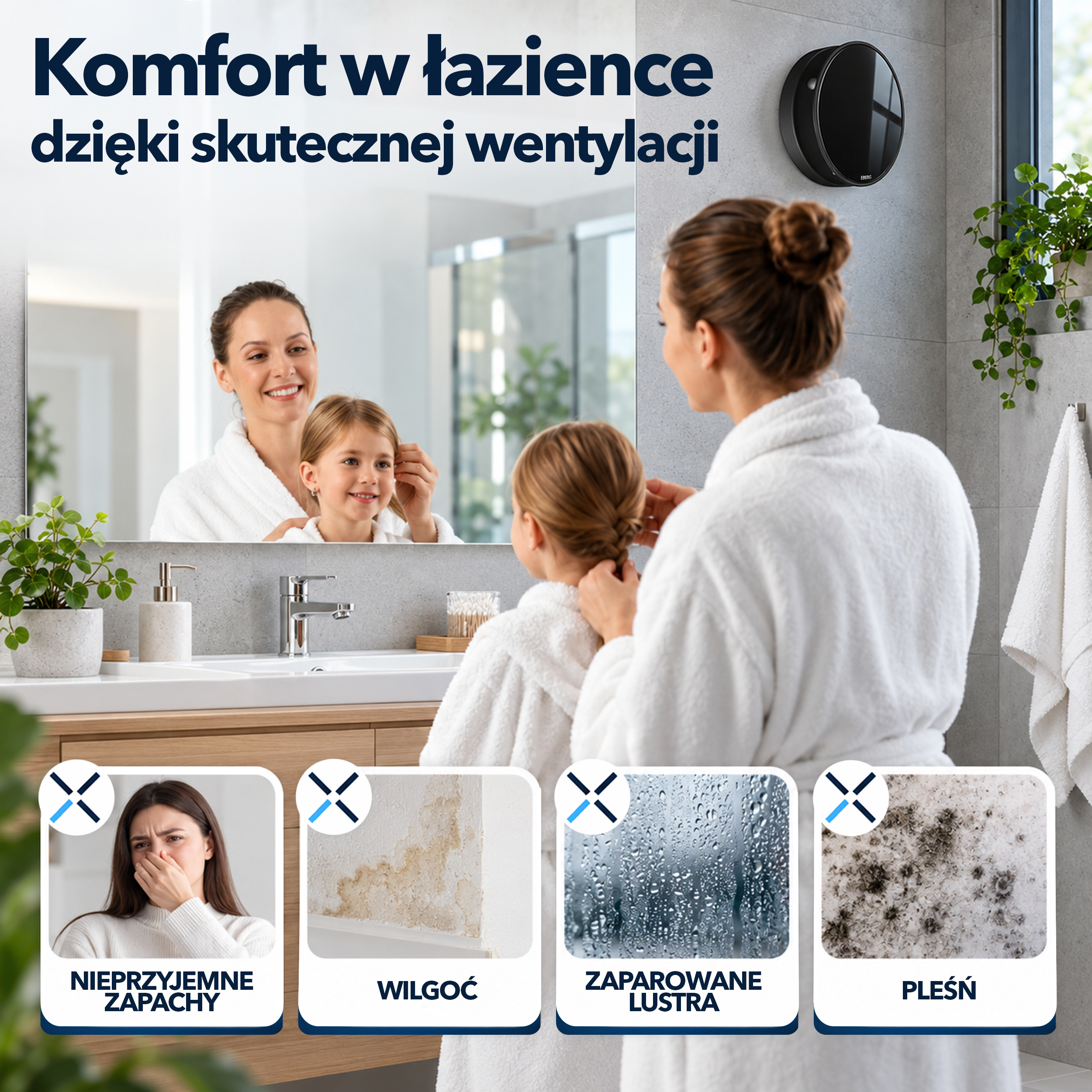Kobieta i dziecko w białych szlafrokach w łazience z tekstem i małymi obrazkami pokazującymi problemy z wilgocią.