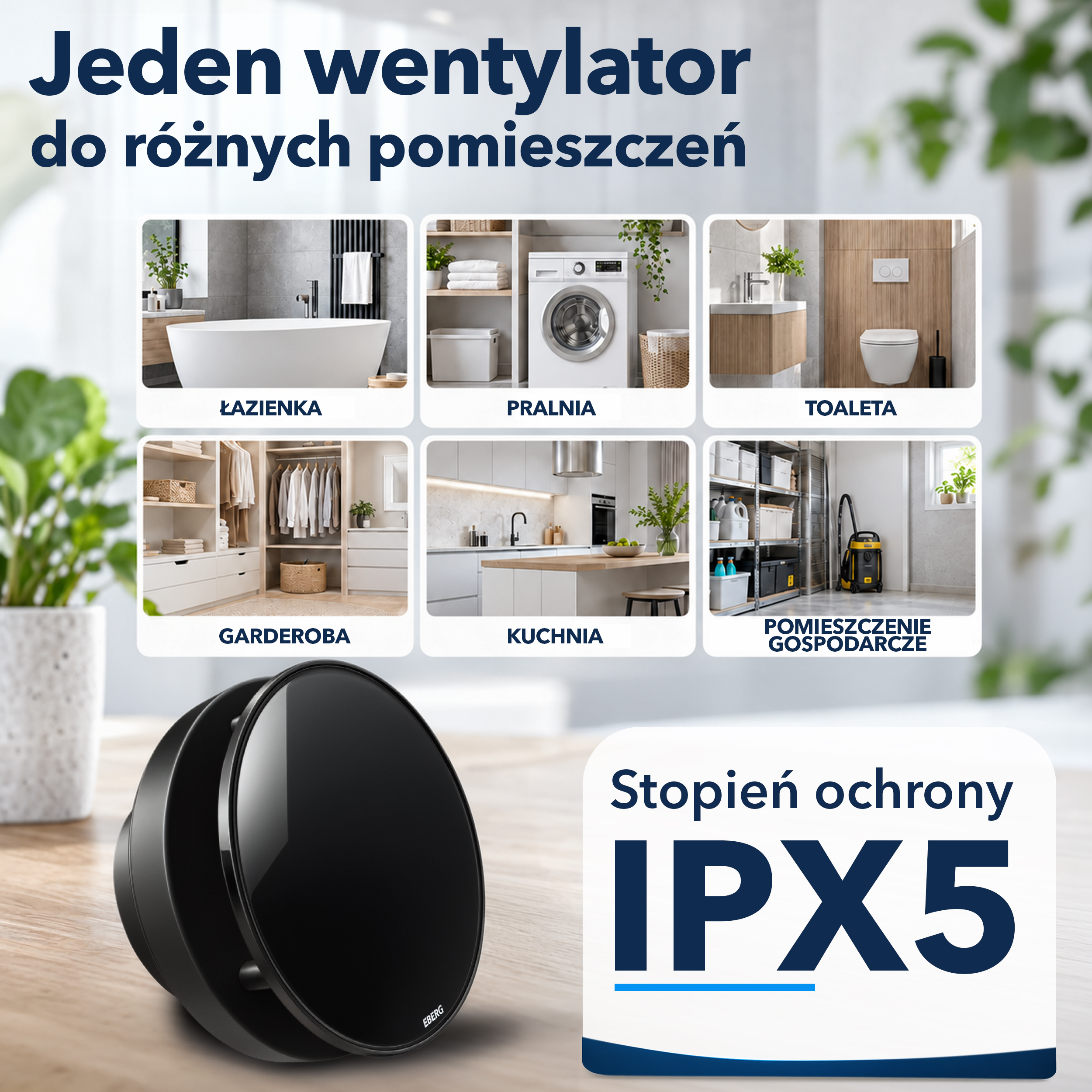 Czarny okrągły wentylator przed sześcioma zdjęciami pokoi i napisem IPX5.