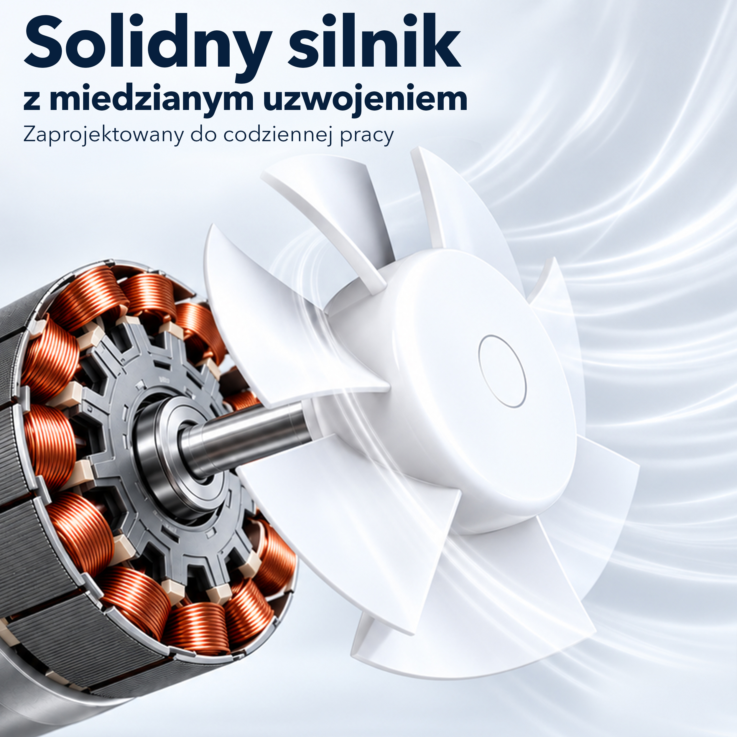 Silnik elektryczny z miedzianymi uzwojeniami i białym wentylatorem na jasnym tle.