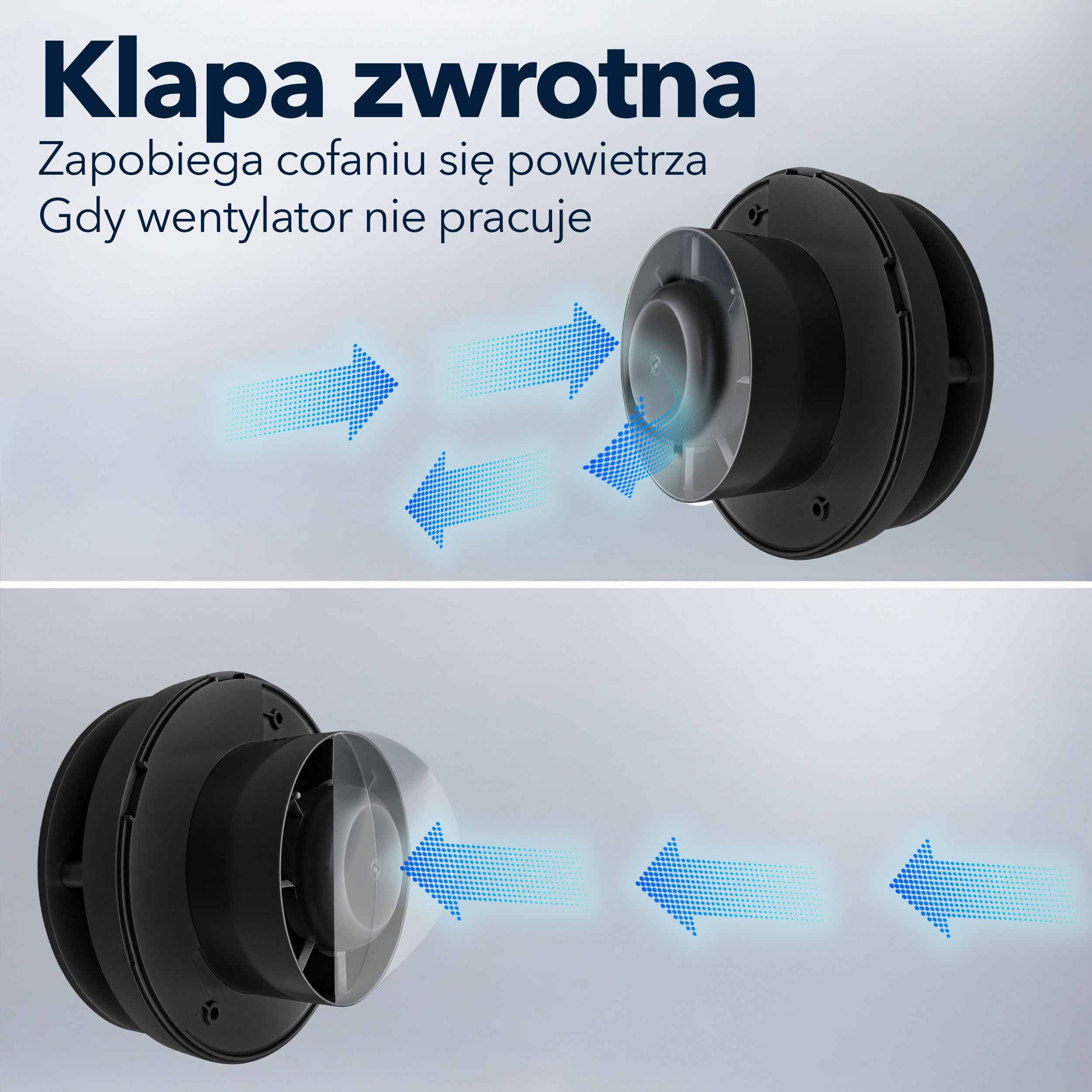 Schemat klapy zwrotnej do wentylacji z niebieskim przepływem powietrza.