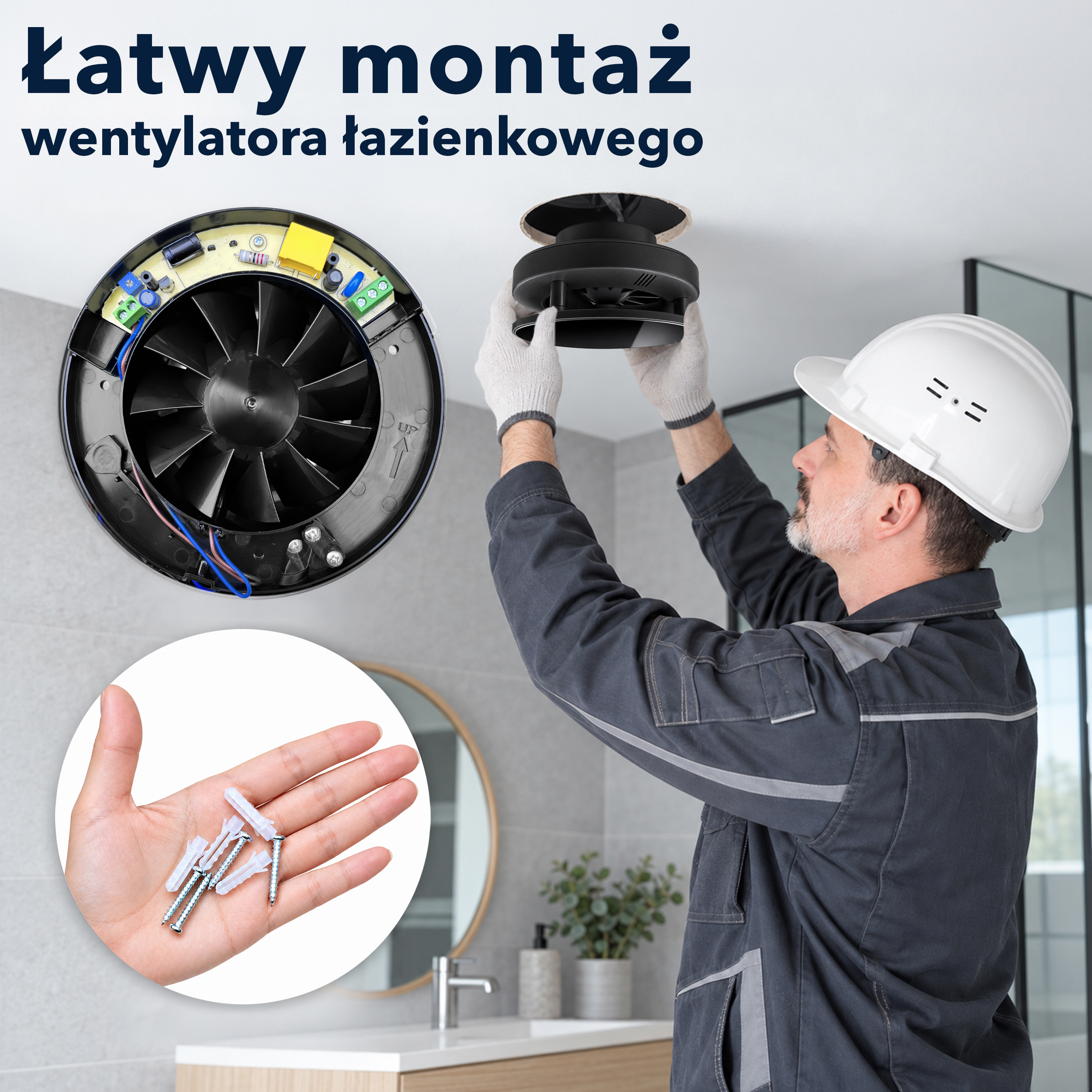 Pracownik montuje wentylator, wstawka pokazuje wnętrze i śruby.