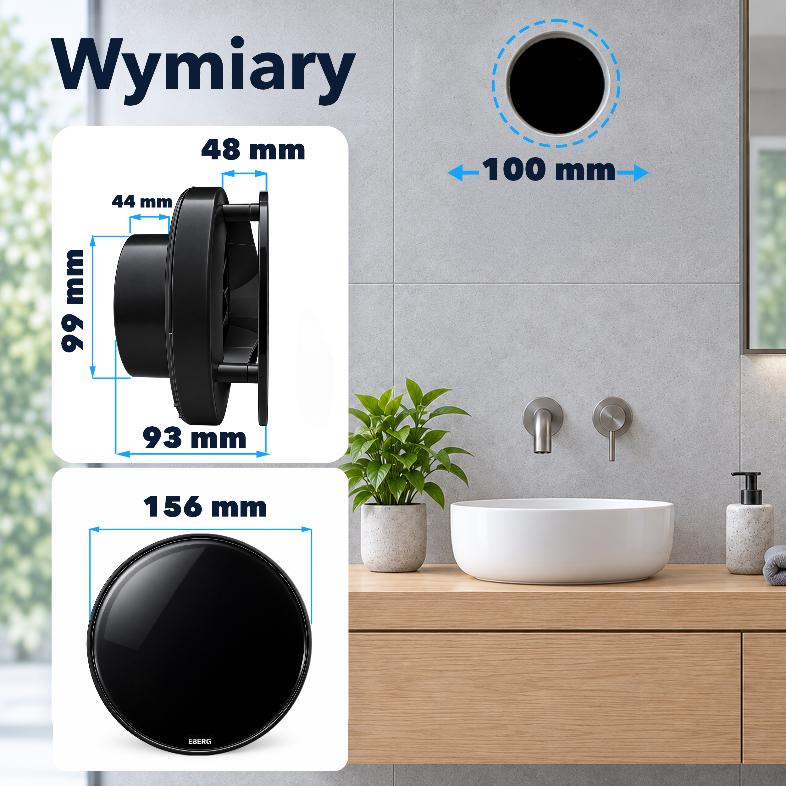 Schemat techniczny przedstawiający wymiary czarnego, okrągłego wentylatora na tle ścianki łazienki.