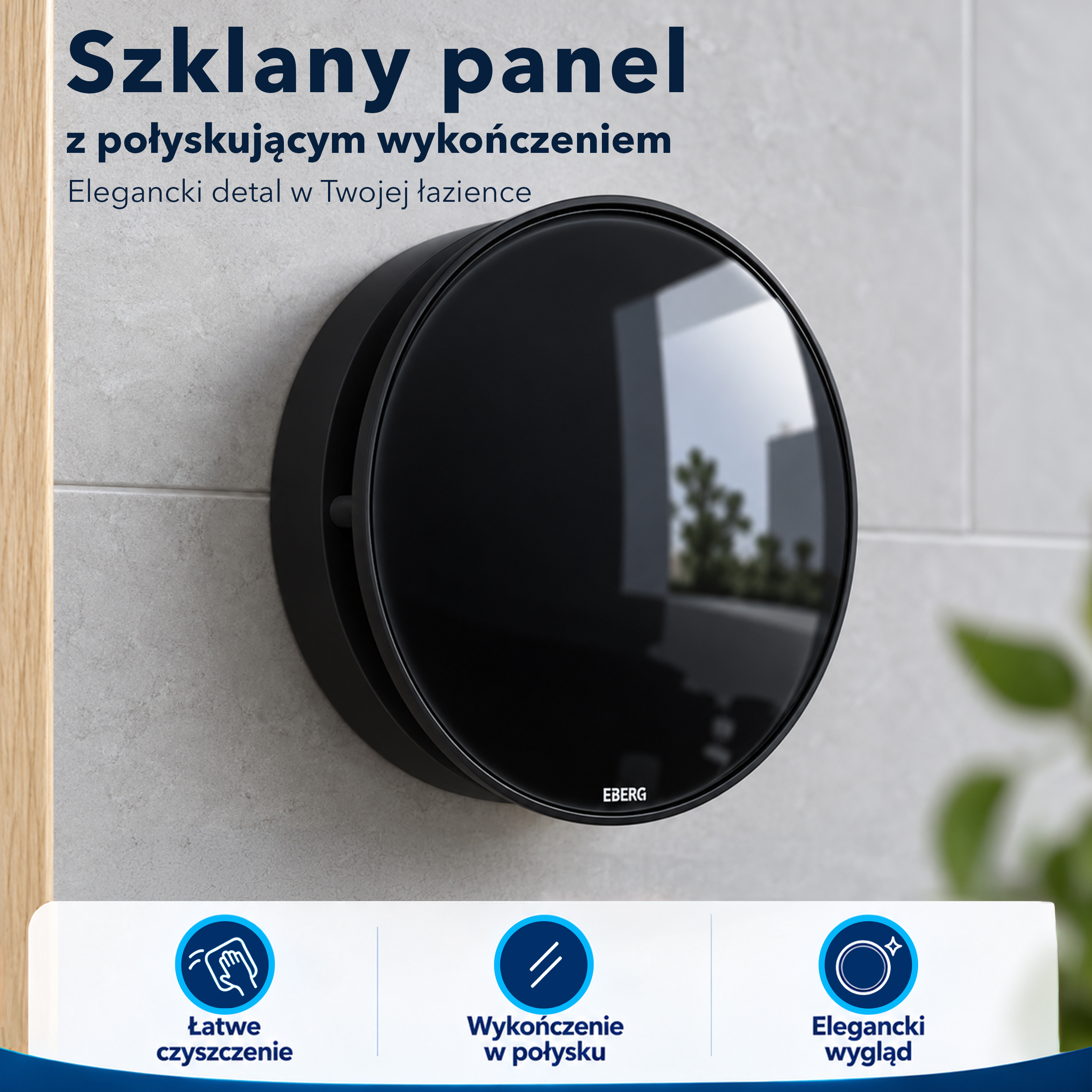 Okrągły czarny panel wentylacyjny EBERG na szarej ścianie z trzema ikonami na dole.