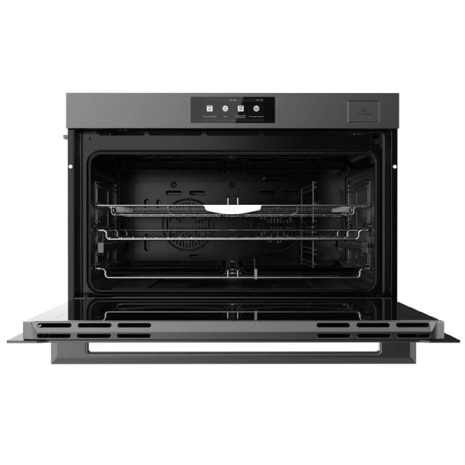 Un horno empotrable negro con la puerta abierta, que muestra rejillas de alambre, bandejas y panel táctil.