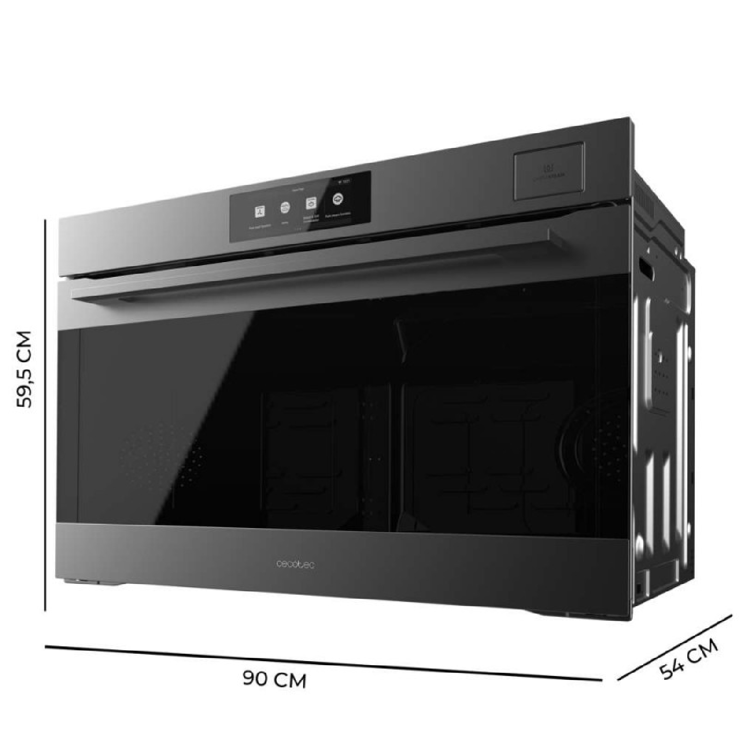 Horno negro con pantalla digital y dimensiones en cm sobre fondo blanco.