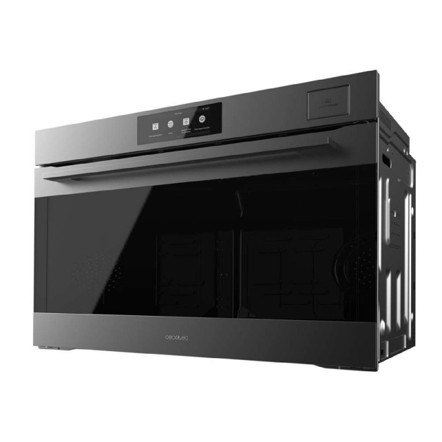 Moderno horno empotrado negro con pantalla digital, gran puerta de cristal y marco metálico sobre fondo blanco.
