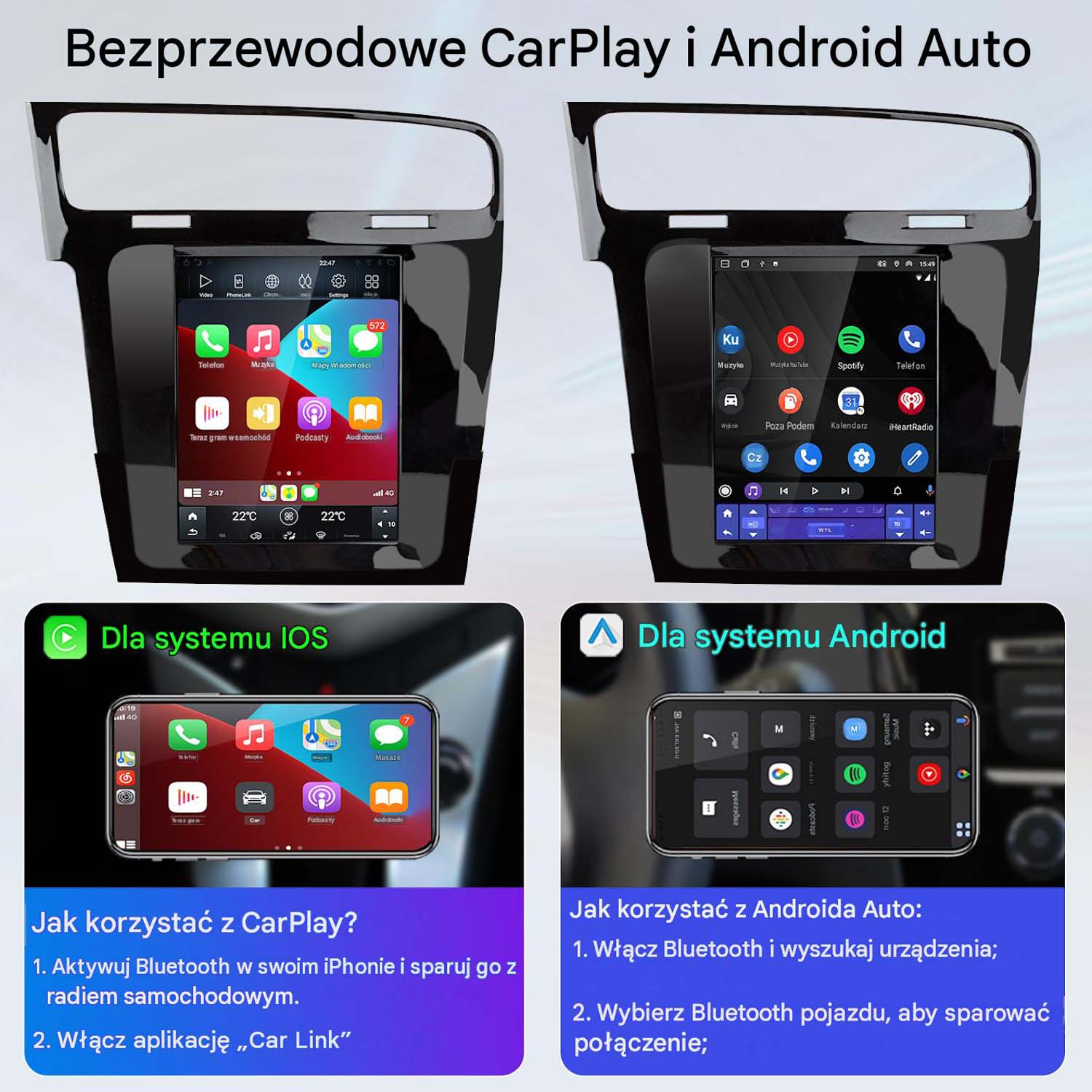 Deska rozdzielcza z ekranami bezprzewodowego CarPlay i Android Auto oraz instrukcją.