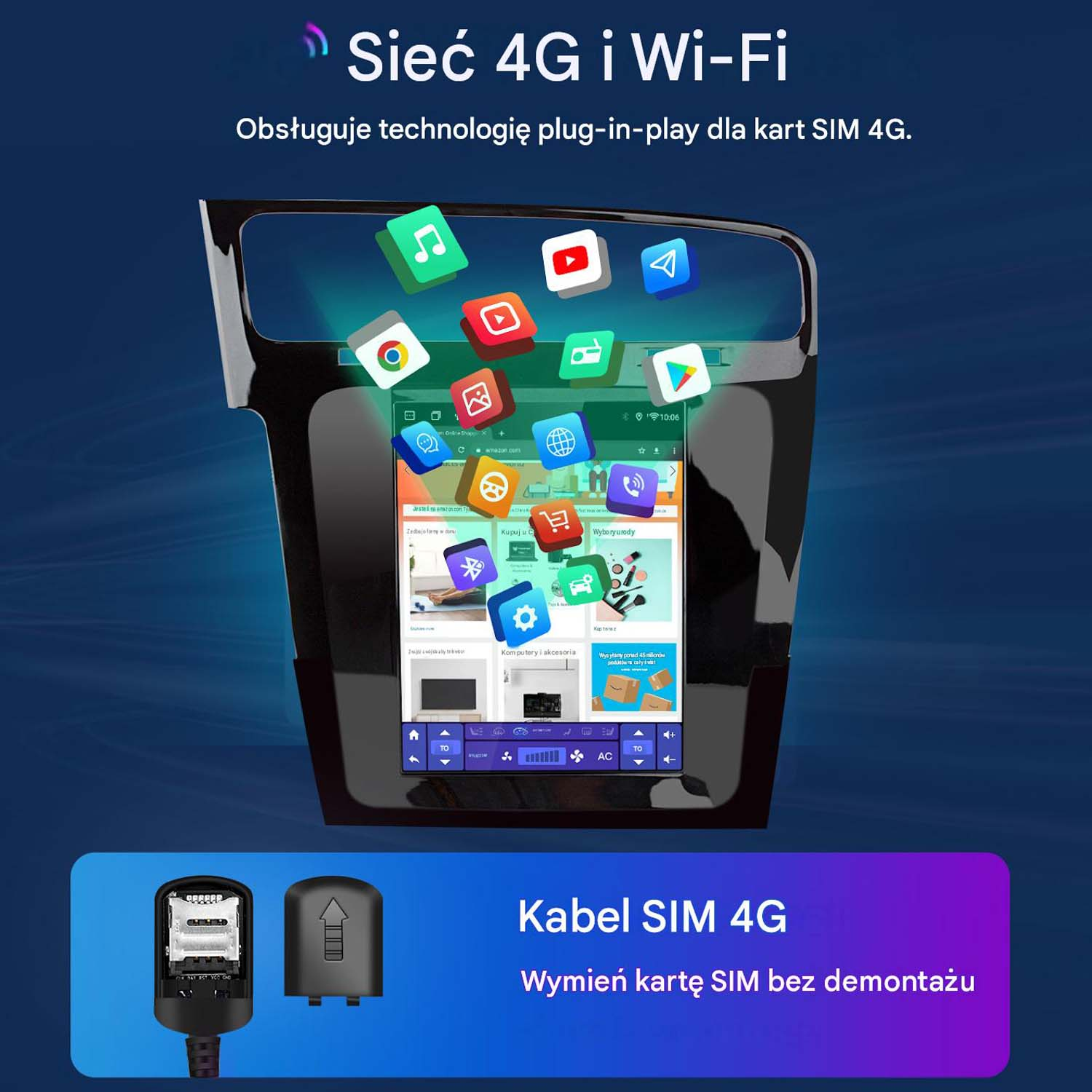 Wyświetlacz samochodowy z ikonami aplikacji pokazuje obsługę 4G i Wi-Fi oraz kabel SIM.