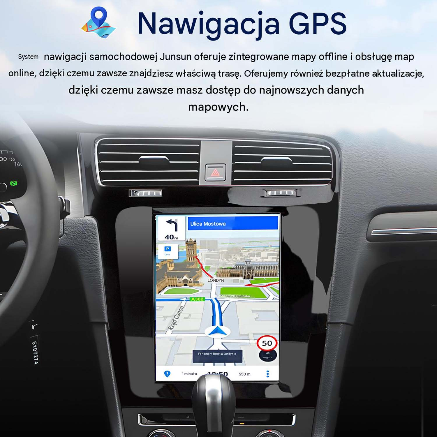 Wnętrze samochodu z dużym dotykowym systemem nawigacji GPS na desce rozdzielczej.