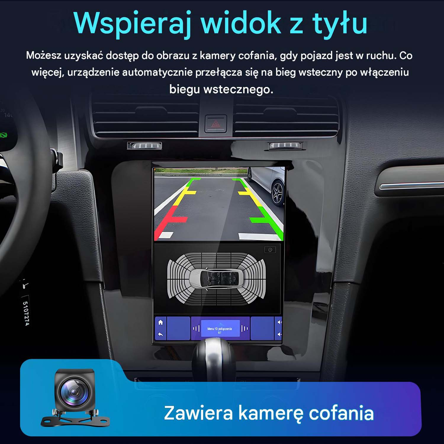 Wyświetlacz samochodu pokazuje obraz z kamery cofania z liniami.