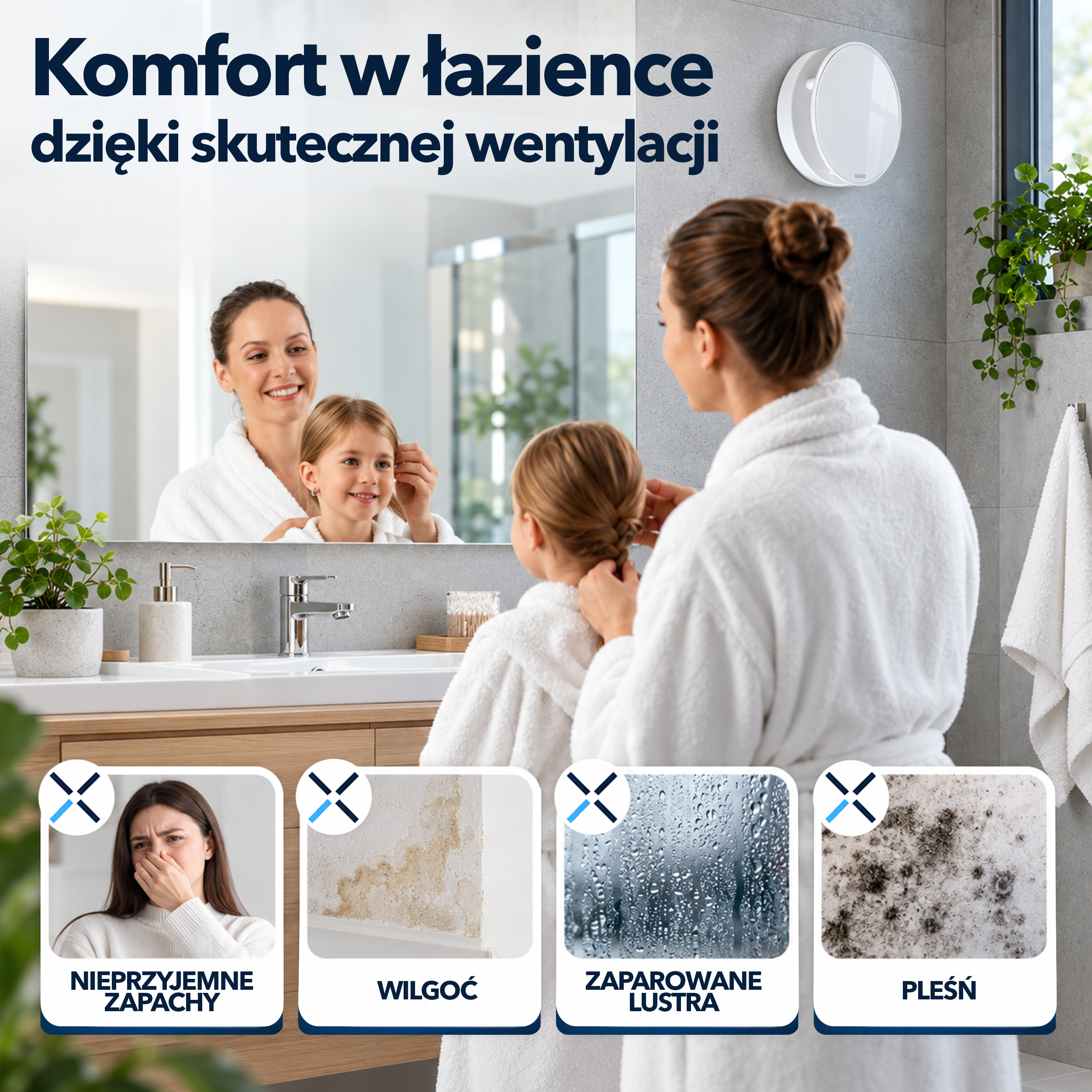 Matka i córka w szlafrokach przed lustrem; na dole przykłady: zapach, wilgoć, para, pleśń.