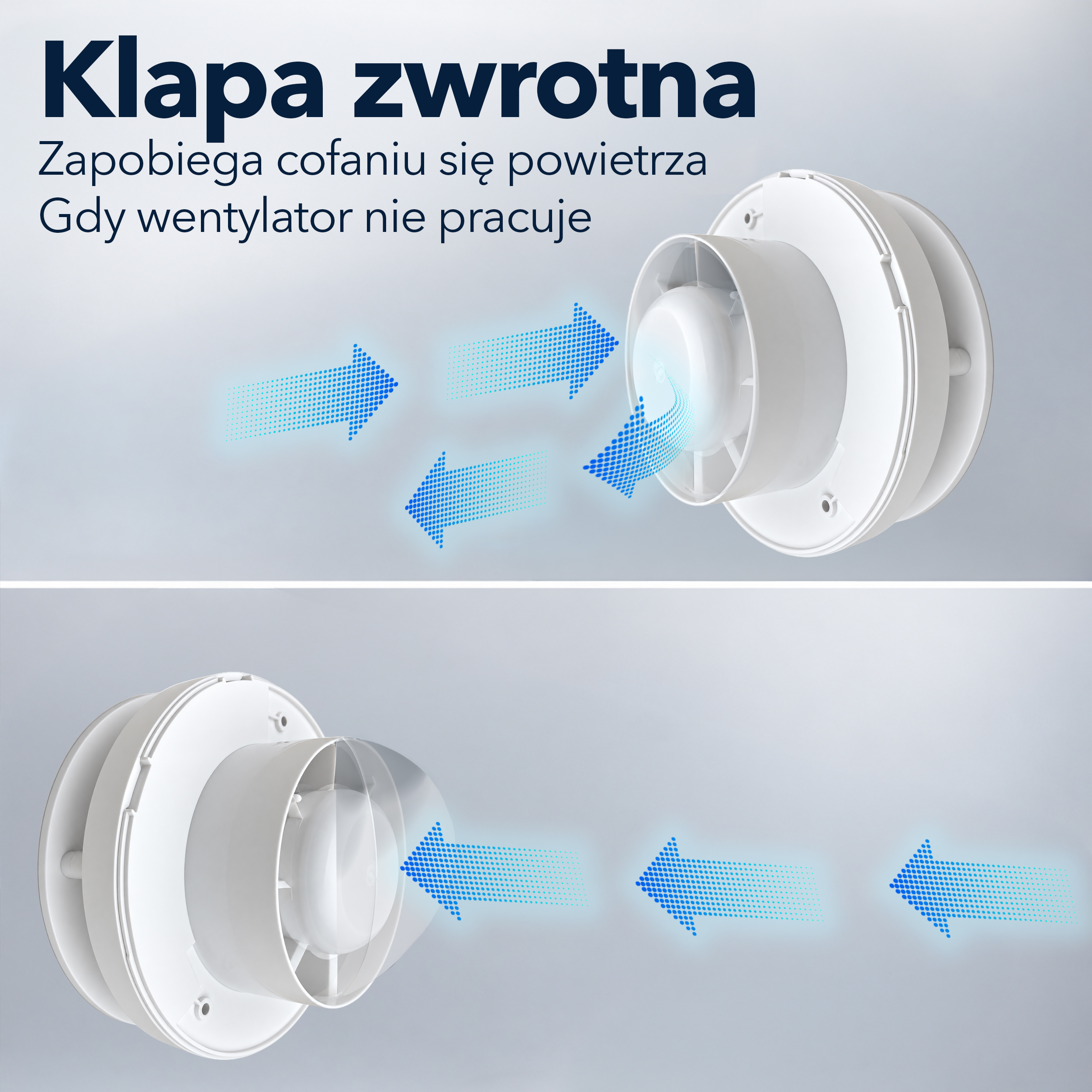 Schemat klapy zwrotnej z niebieskimi strzałkami pokazującymi przepływ powietrza i zapobieganie.