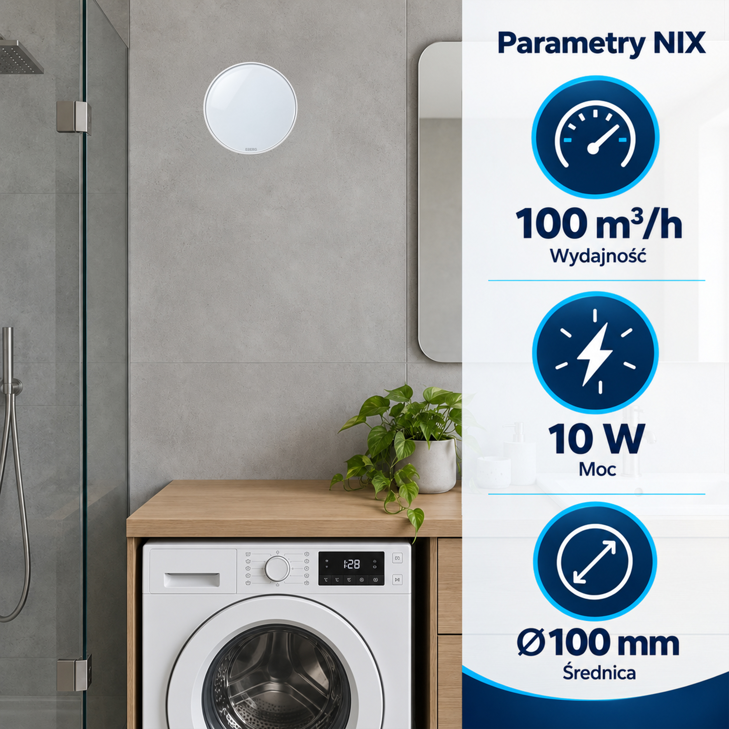 Łazienka z białą pralką, rośliną w doniczce i infografiką z parametrami wentylacji.