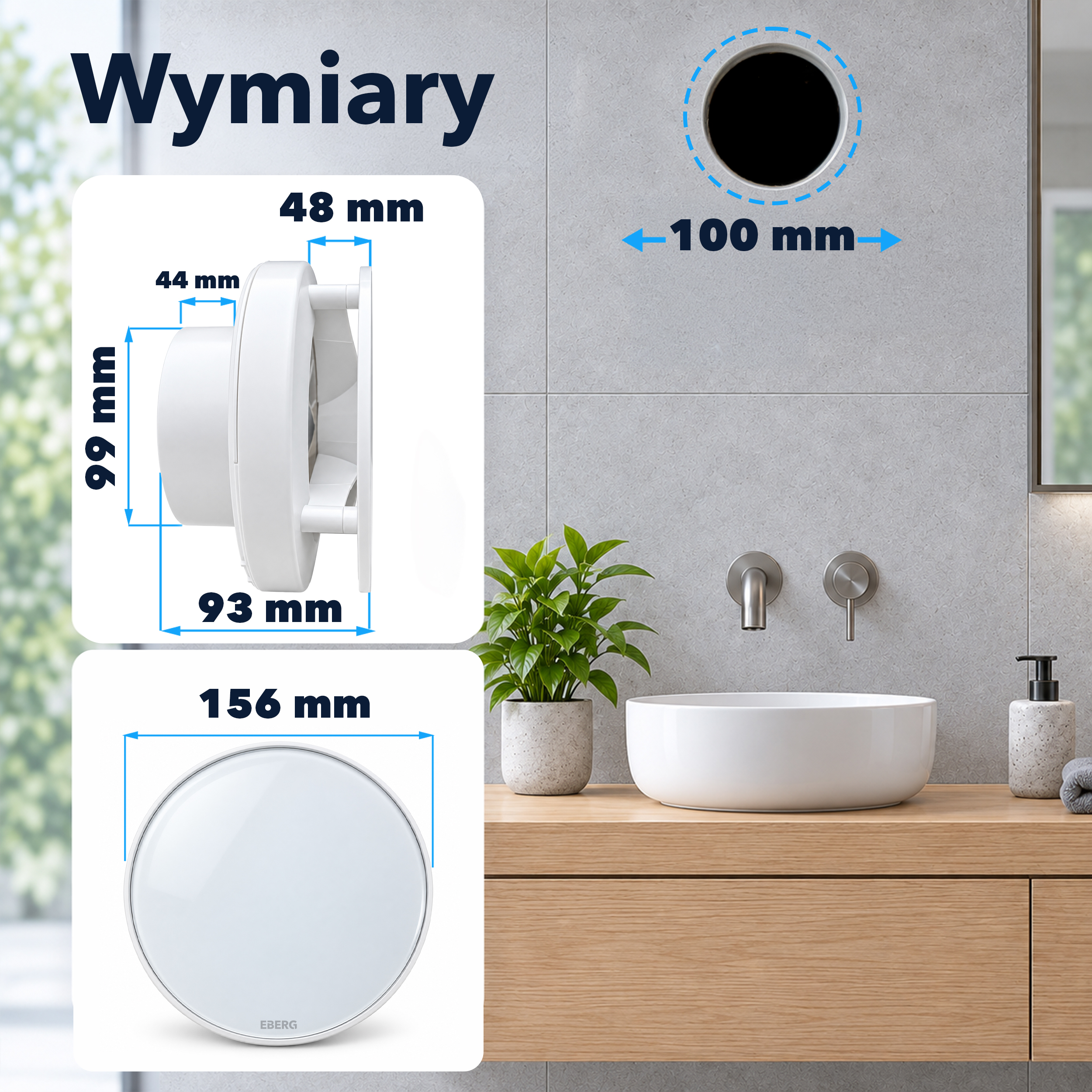Schemat techniczny przedstawiający wymiary białego wentylatora na tle nowoczesnej łazienki.