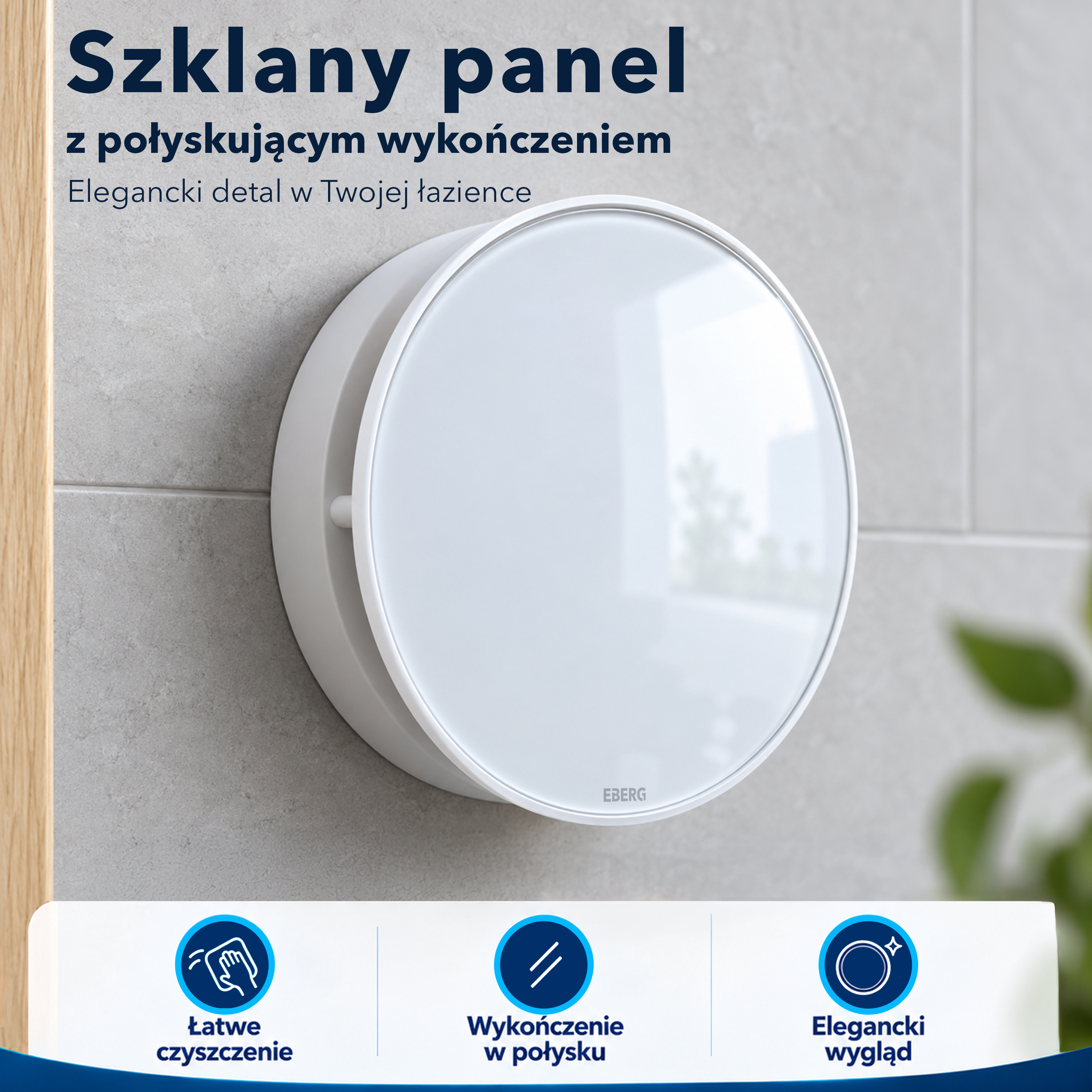 Biały, okrągły wentylator ze szklanym panelem na ścianie z płytek.