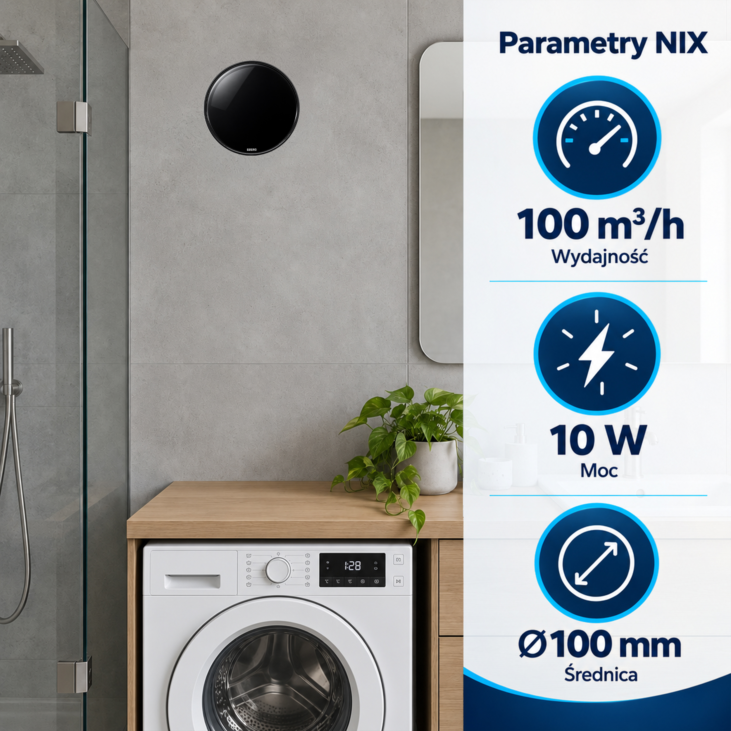 Łazienka z pralką, szarym wentylatorem ściennym i infografiką parametrów technicznych po prawej stronie.