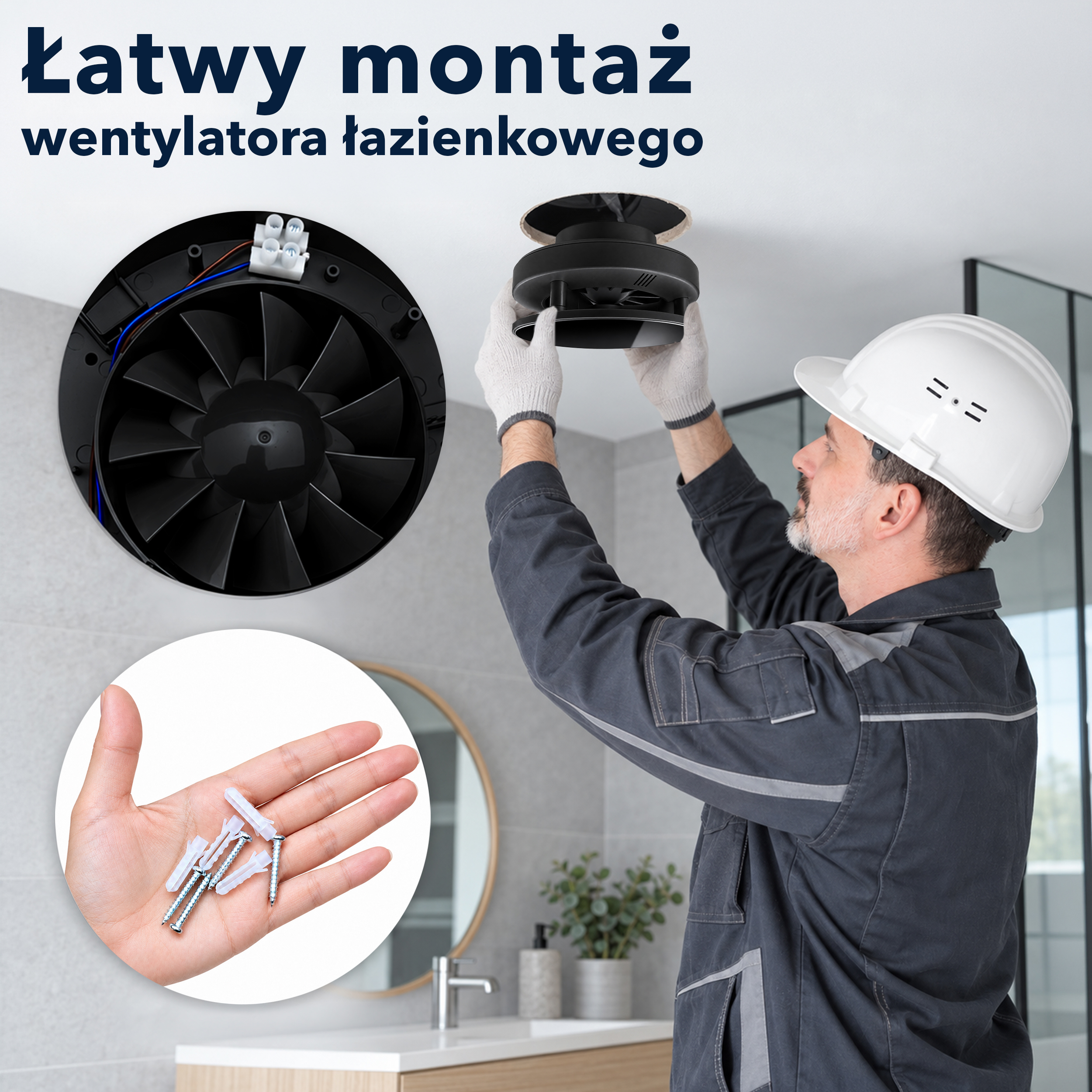 Pracownik montuje czarny wentylator w suficie. W kółkach widoczne są łopatki wentylatora oraz śruby na dłoni.