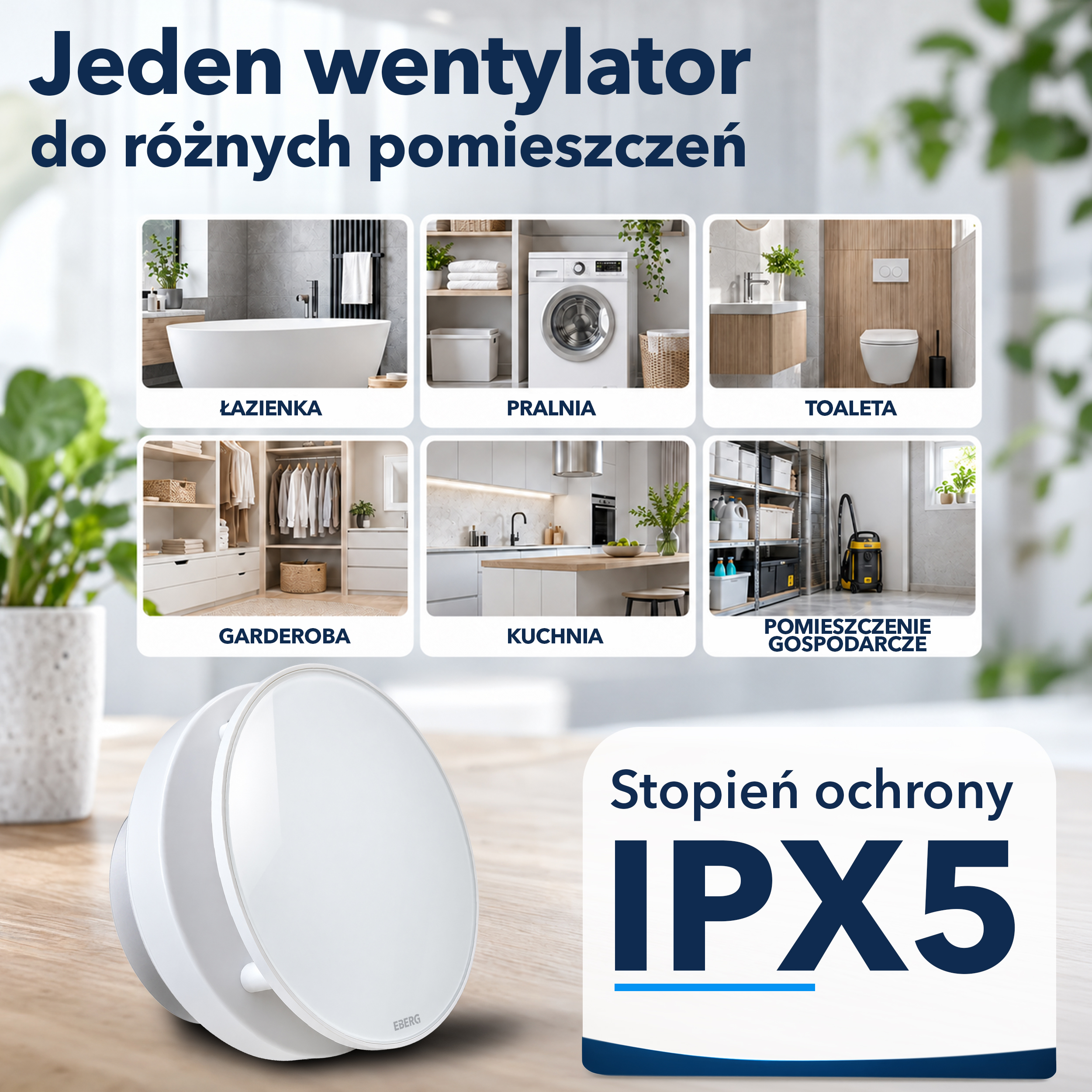 Biały okrągły wentylator stoi na drewnianym stole z sześcioma zdjęciami pokoi i napisem IPX5.