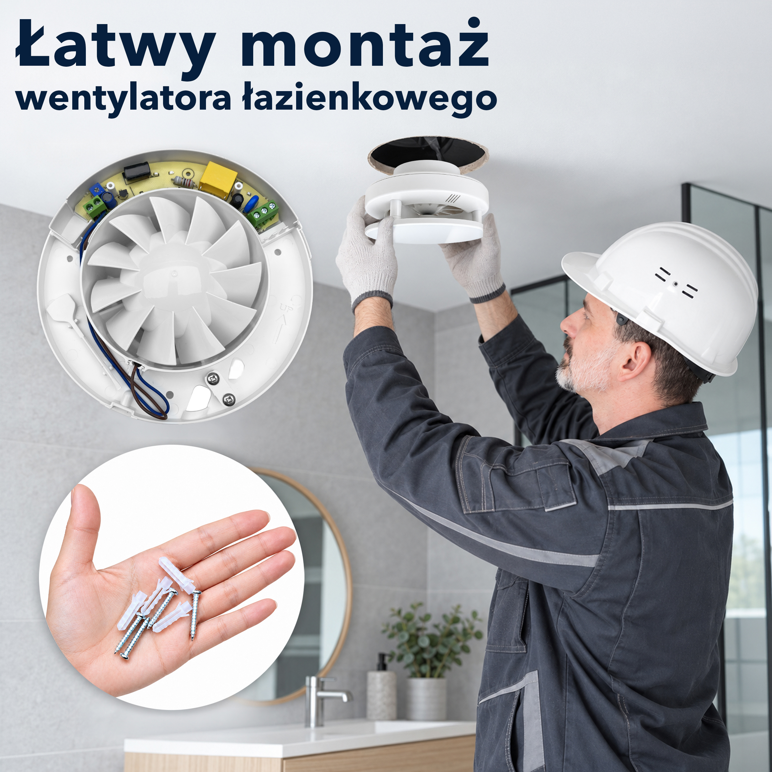 Pracownik w kasku montuje wentylator łazienkowy, pokazany z wnętrzem i śrubami.