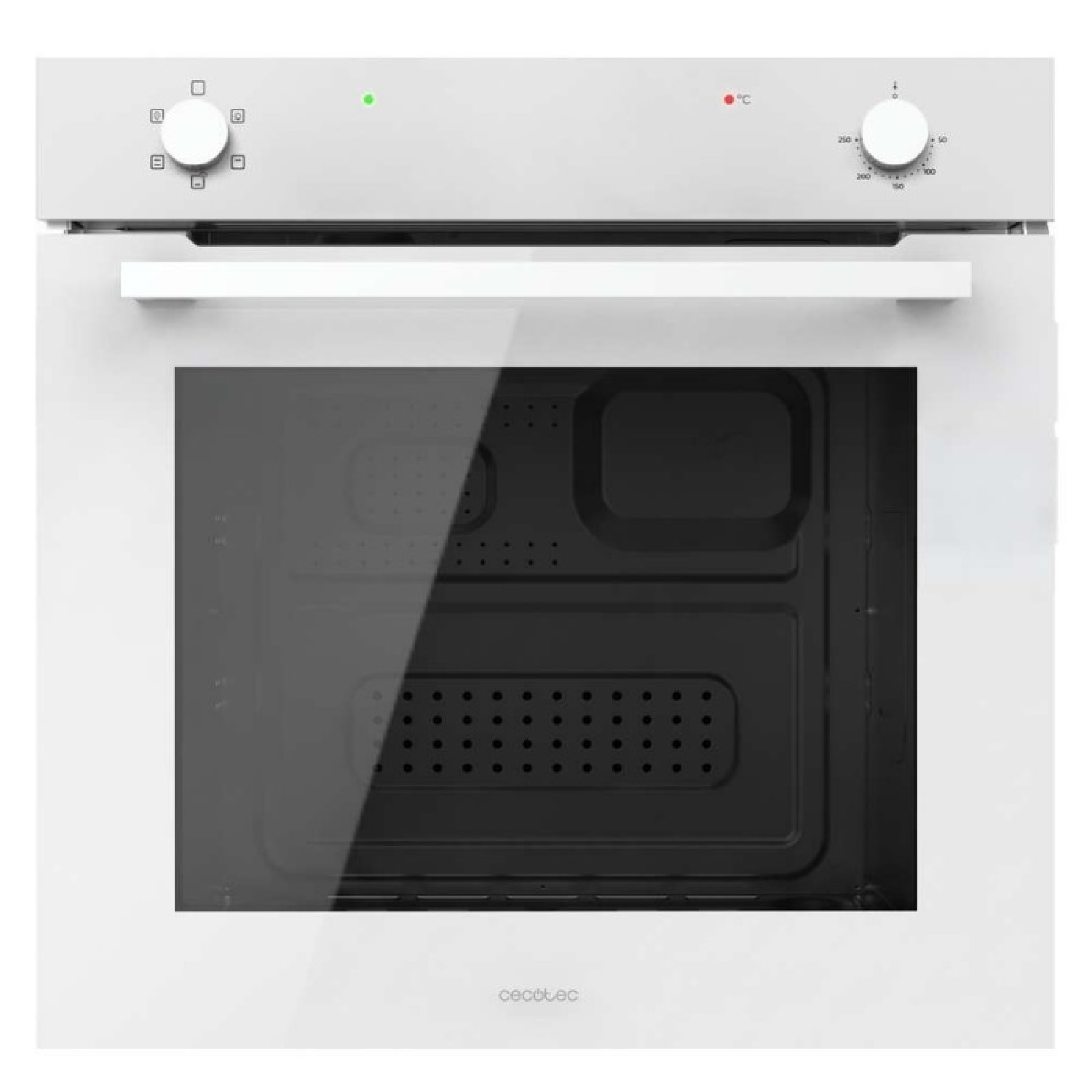 Moderno horno empotrable blanco con ventana de cristal negro y dos mandos redondos.