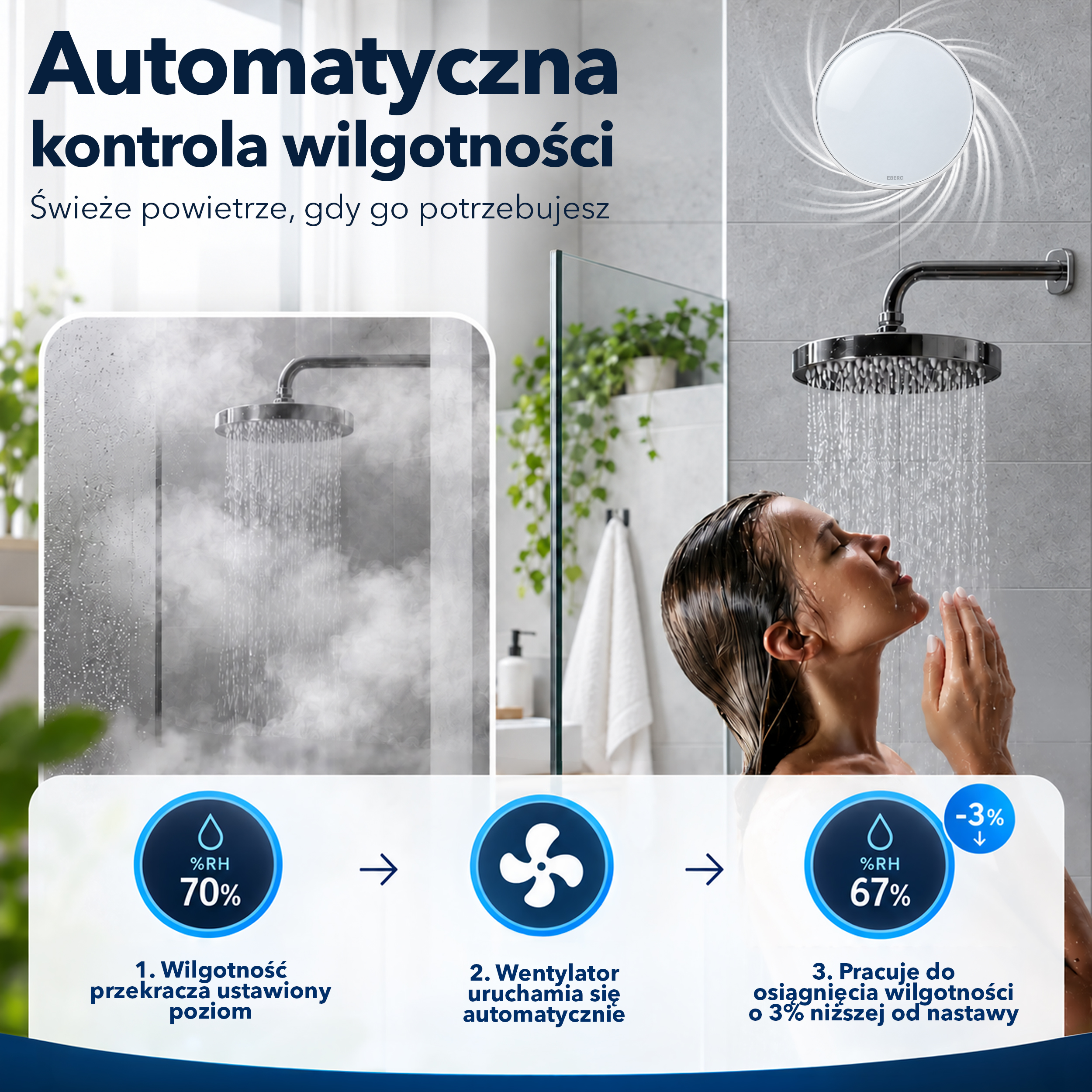Kobieta bierze prysznic w zaparowanej łazience z automatycznym wentylatorem.