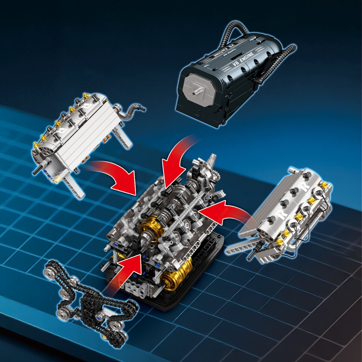 Explosionszeichnung eines Lego V6-Motors auf blauem Rasterhintergrund mit roten Pfeilen.