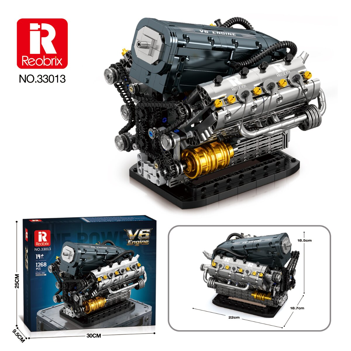 Ein detailliertes V6-Motormodell aus Klemmbausteinen mit Zahnrädern und Kettentrieb vor weißem Hintergrund.