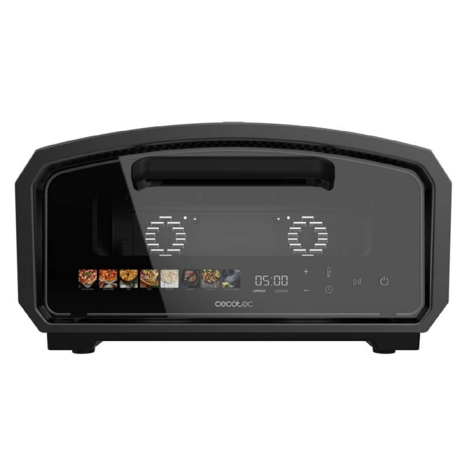 Horno Cecotec negro con pantalla digital y frente de cristal sobre fondo blanco.
