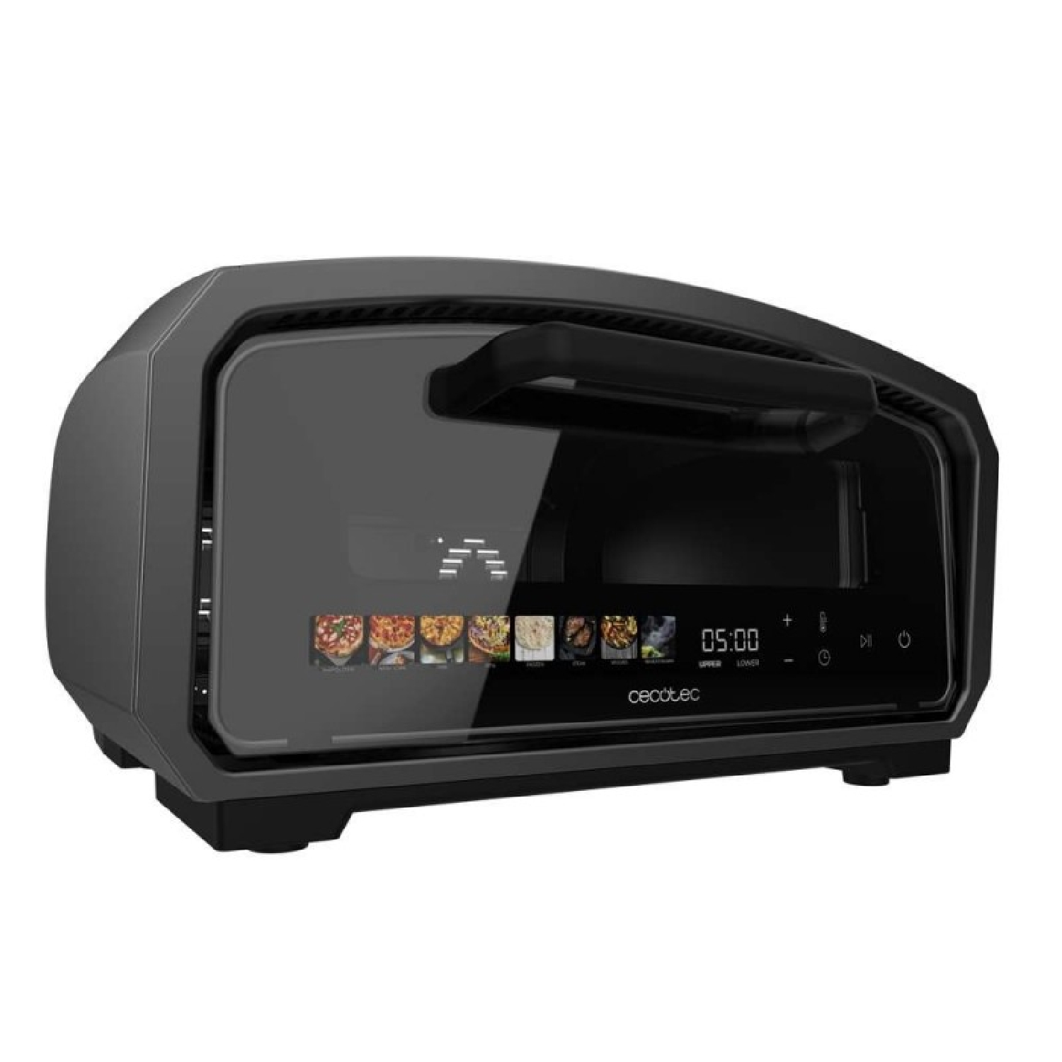 Moderno horno de pizza gris con puerta de vidrio negro y panel de control táctil digital sobre fondo blanco.