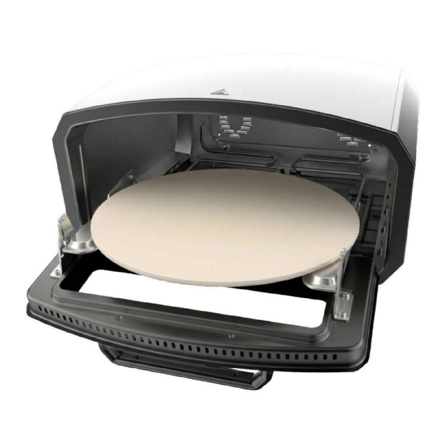 Moderno horno de pizza blanco y negro con tapa abierta y una piedra para pizza redonda.