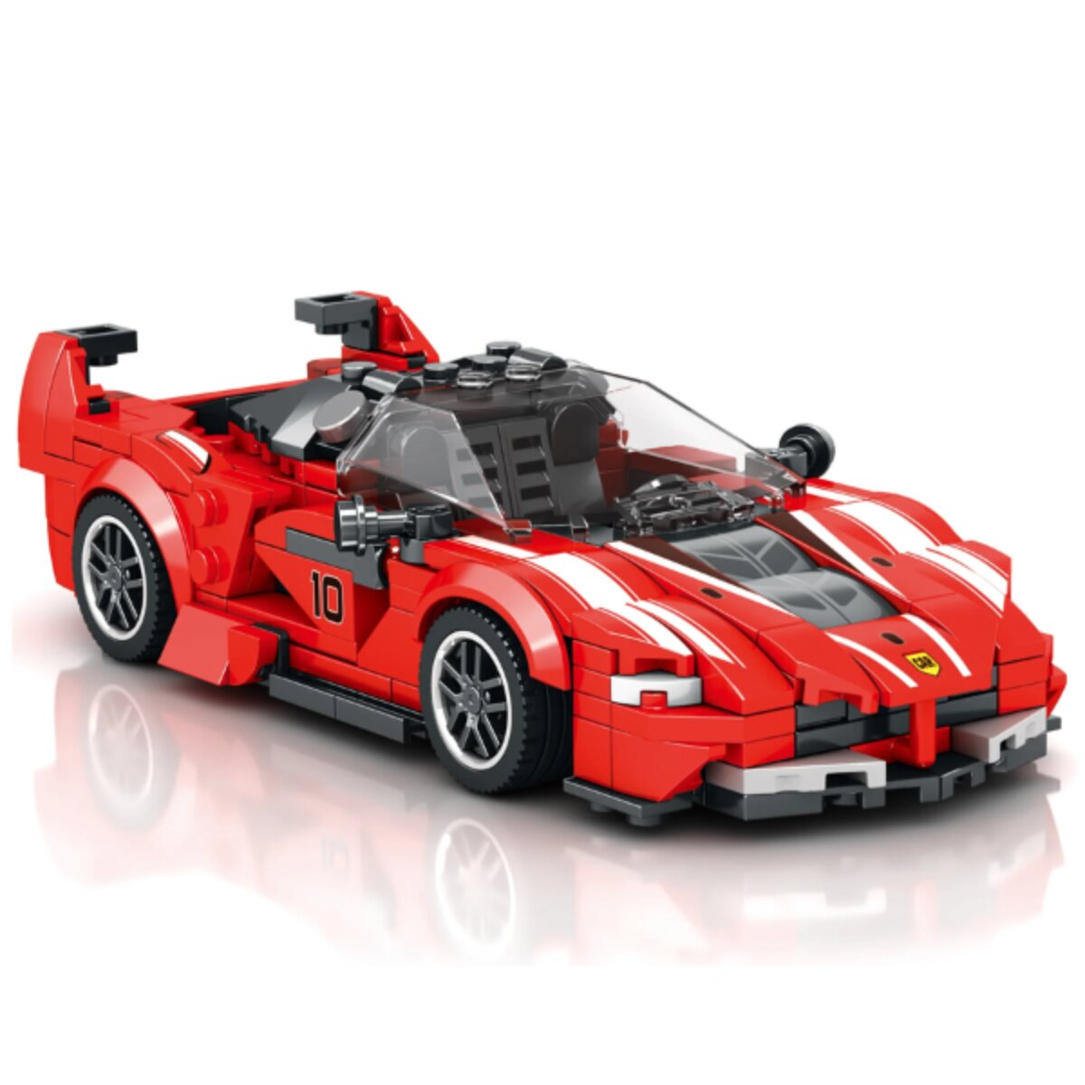 Ein rotes Spielzeugauto aus Bausteinen mit weißen Streifen, schwarzem Verdeck und der Nummer 10 auf dem Seitenbereich.