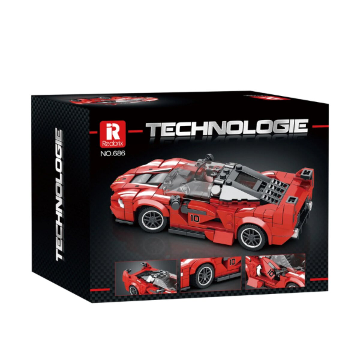 Verpackung eines roten Baustein-Spielzeugautos mit Technologie-Logo.