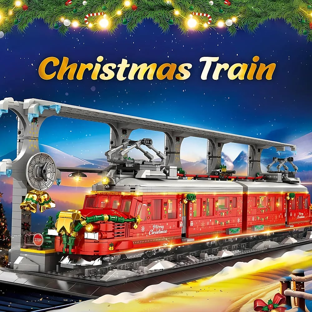 Ein festlicher roter Lego-Weihnachtszug steht auf Schienen unter einem Bahnsteig, geschmückt mit Girlanden und Lichtern.