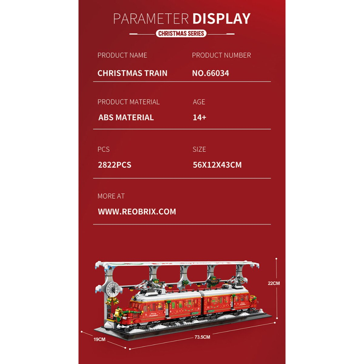 Parameterdisplay für Weihnachts-Zug Modell 66034 mit Produktdetails und Bild auf rotem Hintergrund.