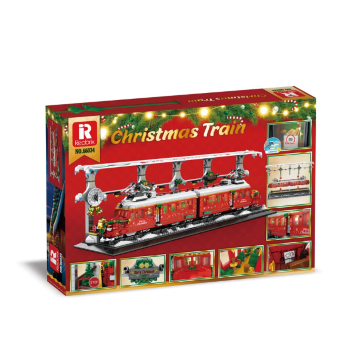 Eine rote Weihnachts-Eisenbahn-Spielzeugverpackung mit kleinen Inset-Bildern.