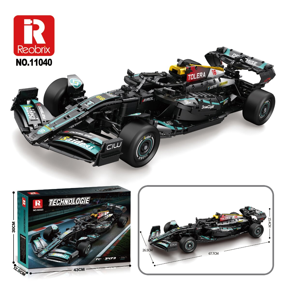 Ein schwarzes Reobrix Formel-Rennwagen-Spielzeugmodell mit Verpackung und Maßen.