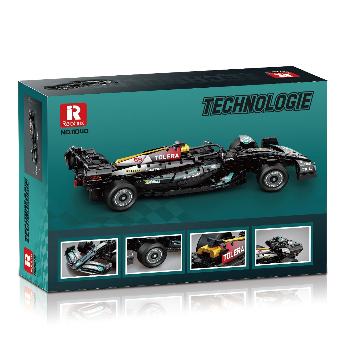 Eine Verpackung für ein Reobrix-Technologie-Spielzeug, die einen schwarzen Formel-1-Rennwagen zeigt.
